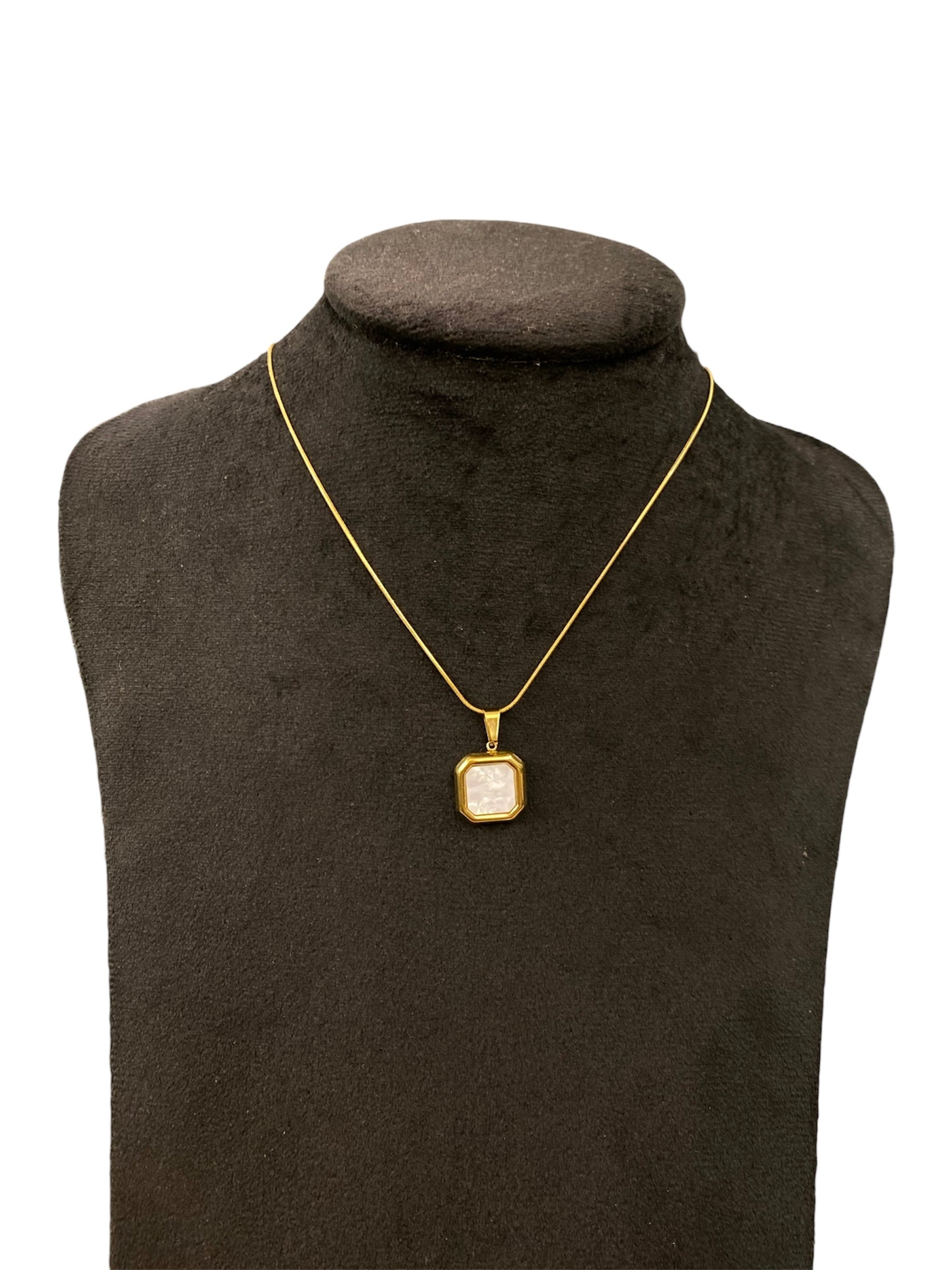 White Stone Square Pendant Necklace – Gold Stainless Steel